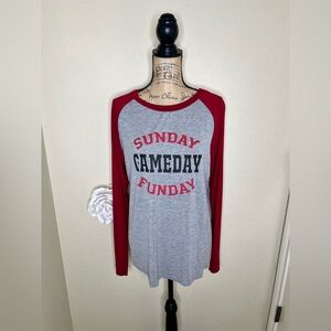 NTM Perfectly Priscilla Sunday Funday Graphic Raglan Tee Red Gray Long Sleeve XL